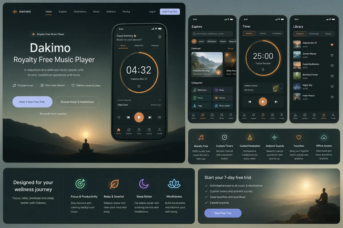 Dakimo music player app main playback screen.