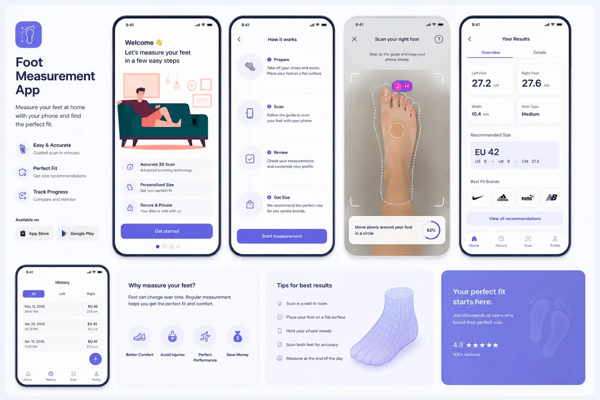 AI-powered mobile foot measurement app mockup.