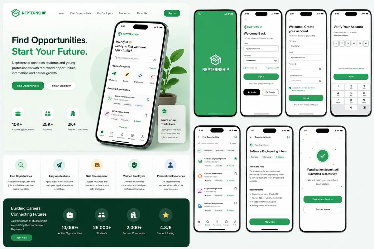 Nepternship internship matching app mockup.
