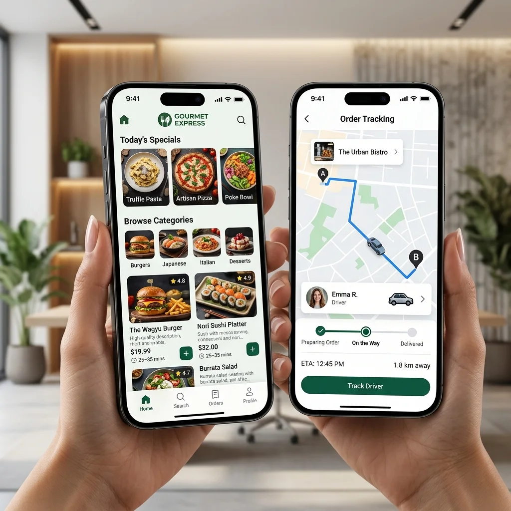 Custom restaurant delivery app mockup.
